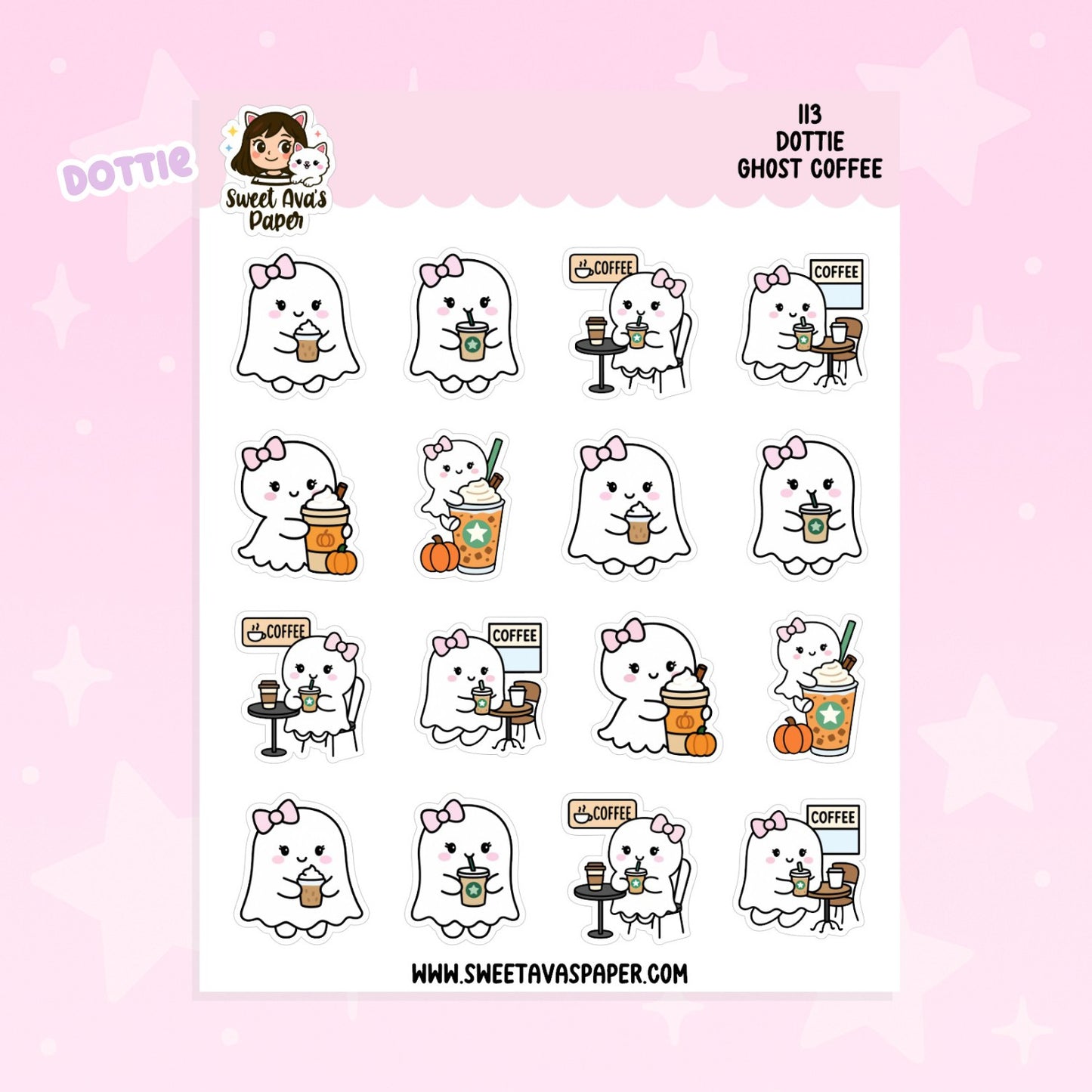Dottie Ghost Coffee Planner Stickers – Physical Ghost Character Coffee & Seasonal Stickers [113]
