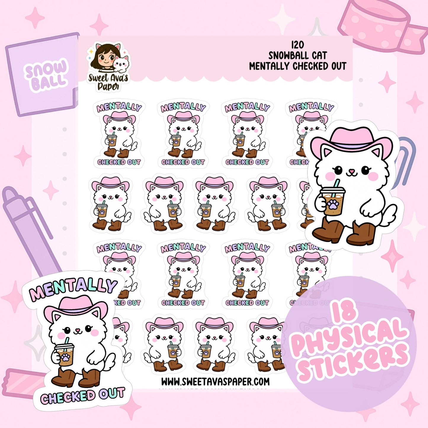 Snowball Cat “Mentally Checked Out” Planner Stickers | Funny Character Stickers [120]