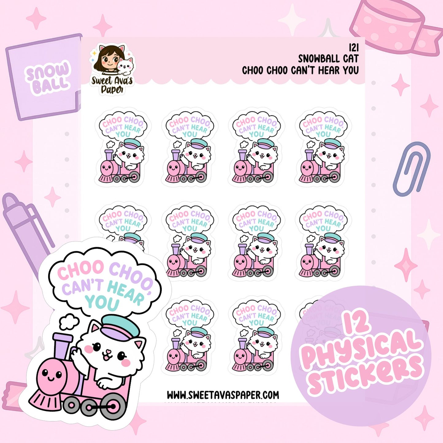 Snowball Cat Planner Stickers – Choo Choo Can’t Hear You [121]