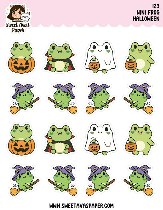 Nini Frog Halloween Planner Stickers | Cute Kawaii Frog, Ghost & Pumpkin Stickers for Planners, Journals & Scrapbooks [123]