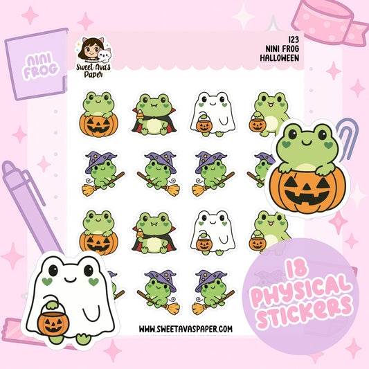 Nini Frog Halloween Planner Stickers | Cute Kawaii Frog, Ghost & Pumpkin Stickers for Planners, Journals & Scrapbooks [123]