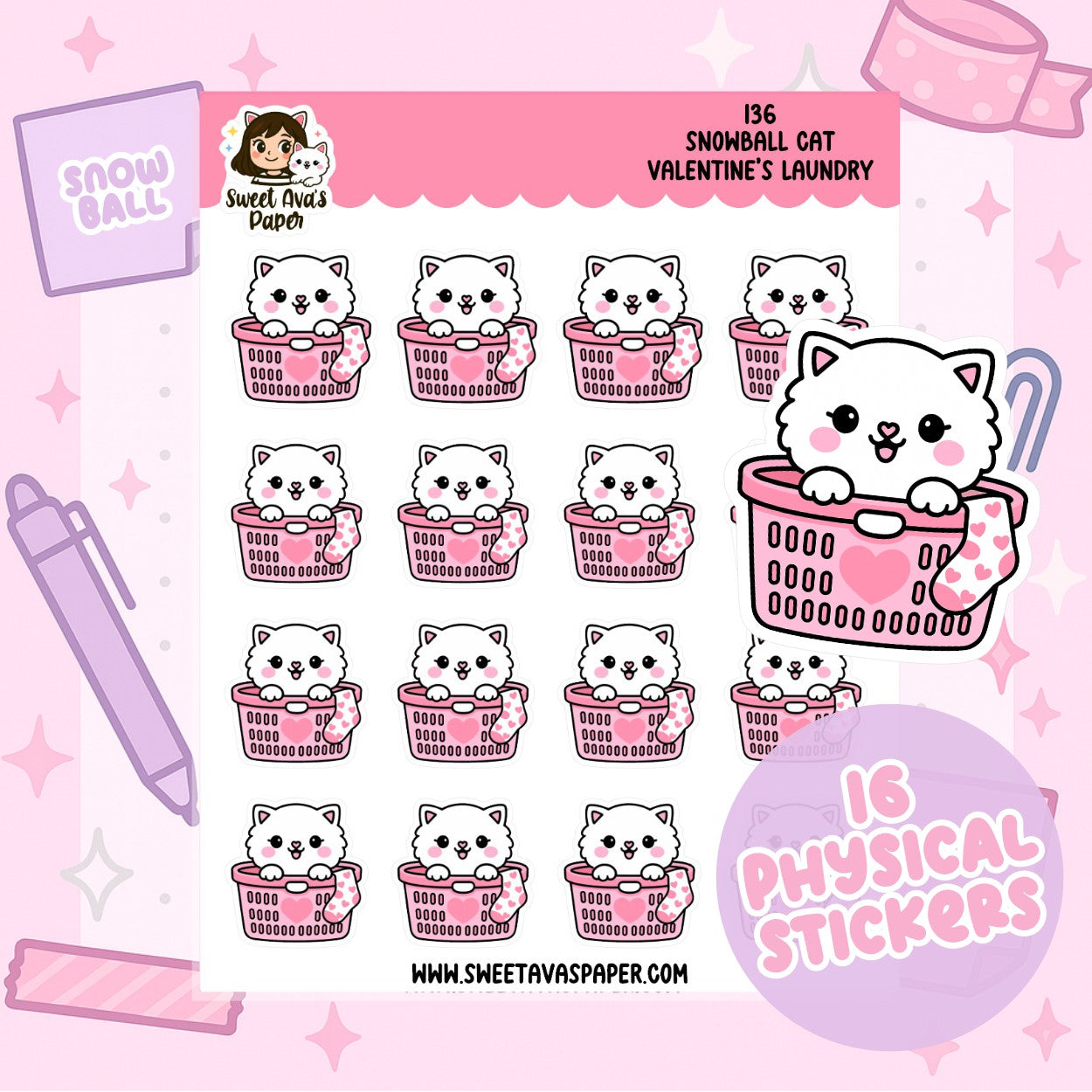 Snowball the Cat Planner Stickers – Valentine's Day Laundry [136]