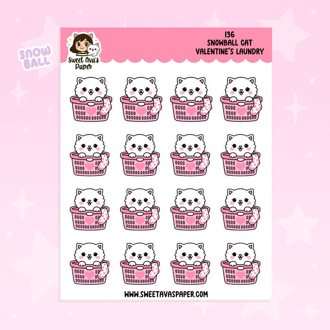 Snowball the Cat Planner Stickers – Valentine's Day Laundry [136]