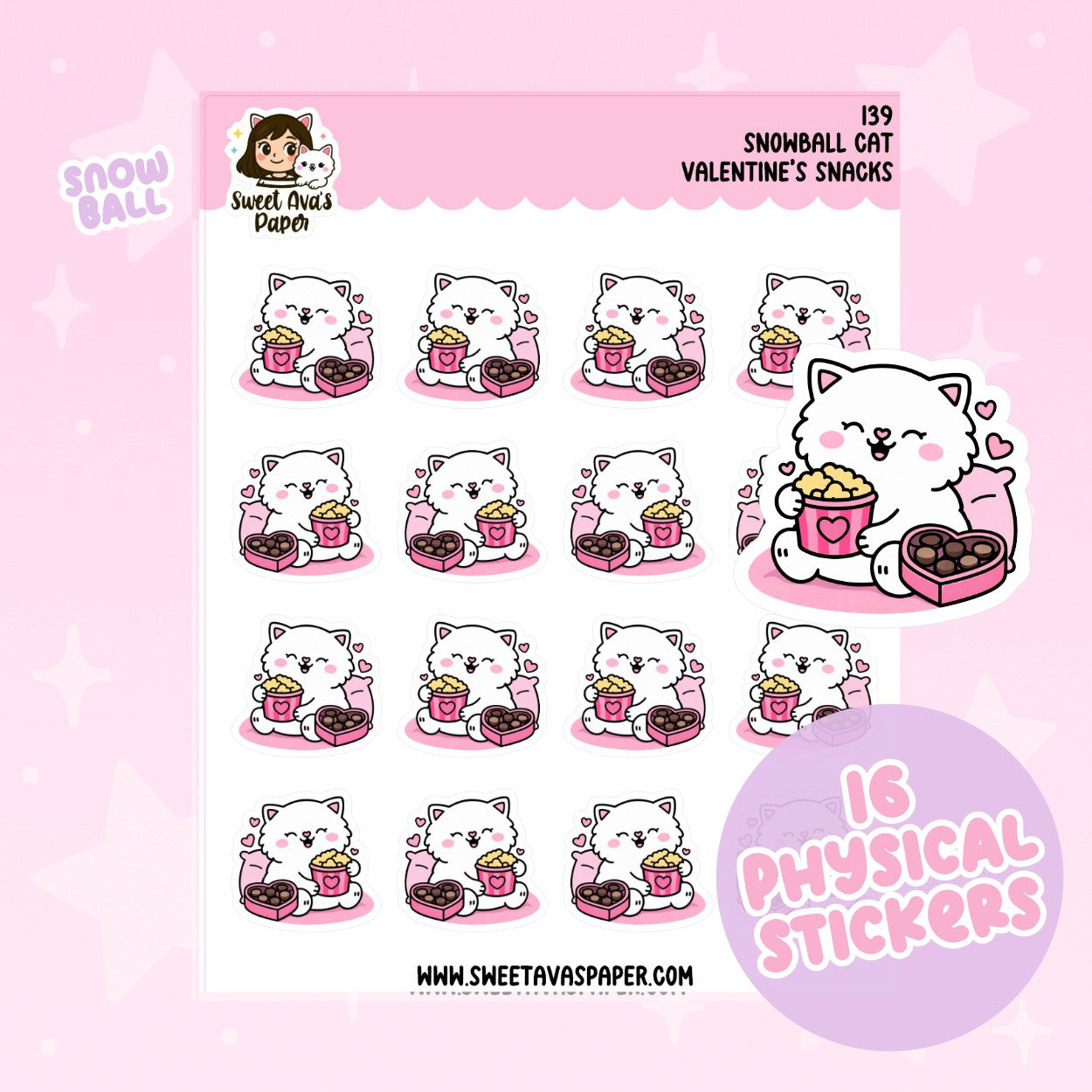 Snowball the Cat Planner Stickers – Valentine's Day Snacks [139]