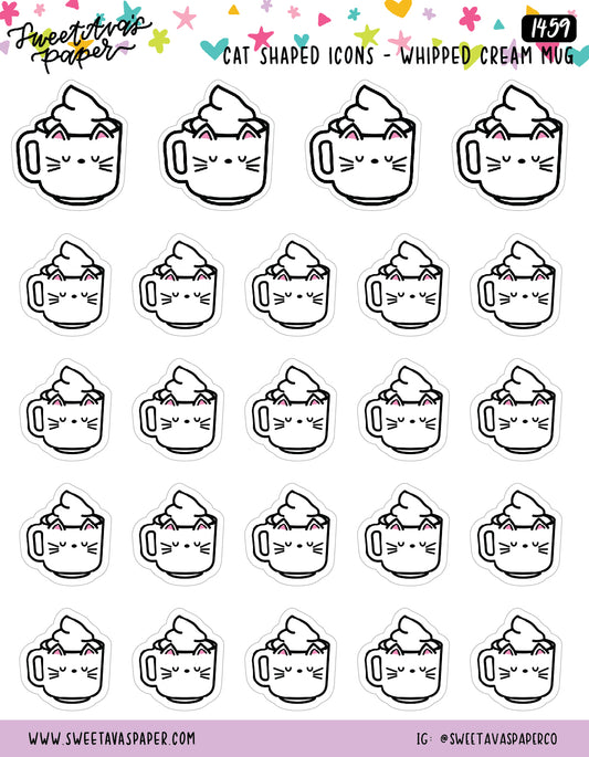 Whipped Cream Hot Coffee Cat Cups Planner Stickers - Cat Shaped Icons -  [1459]
