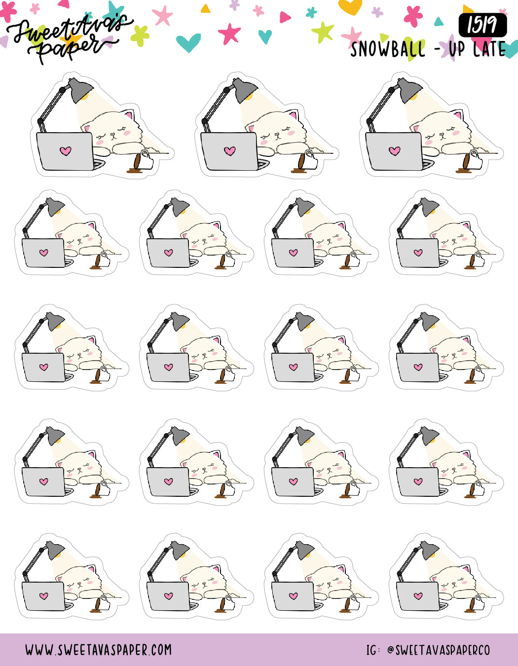 Up Late On Laptop Planner Stickers - Snowball The Cat [1519]