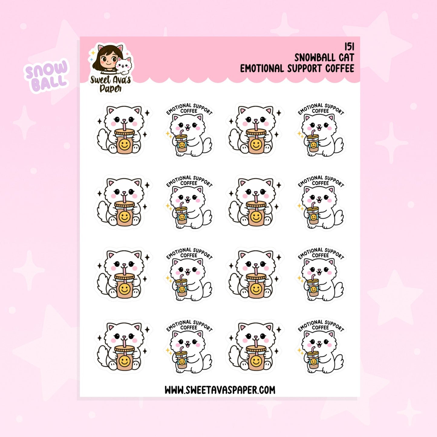Snowball the Cat Planner Stickers - Emotional Support Coffee [151]