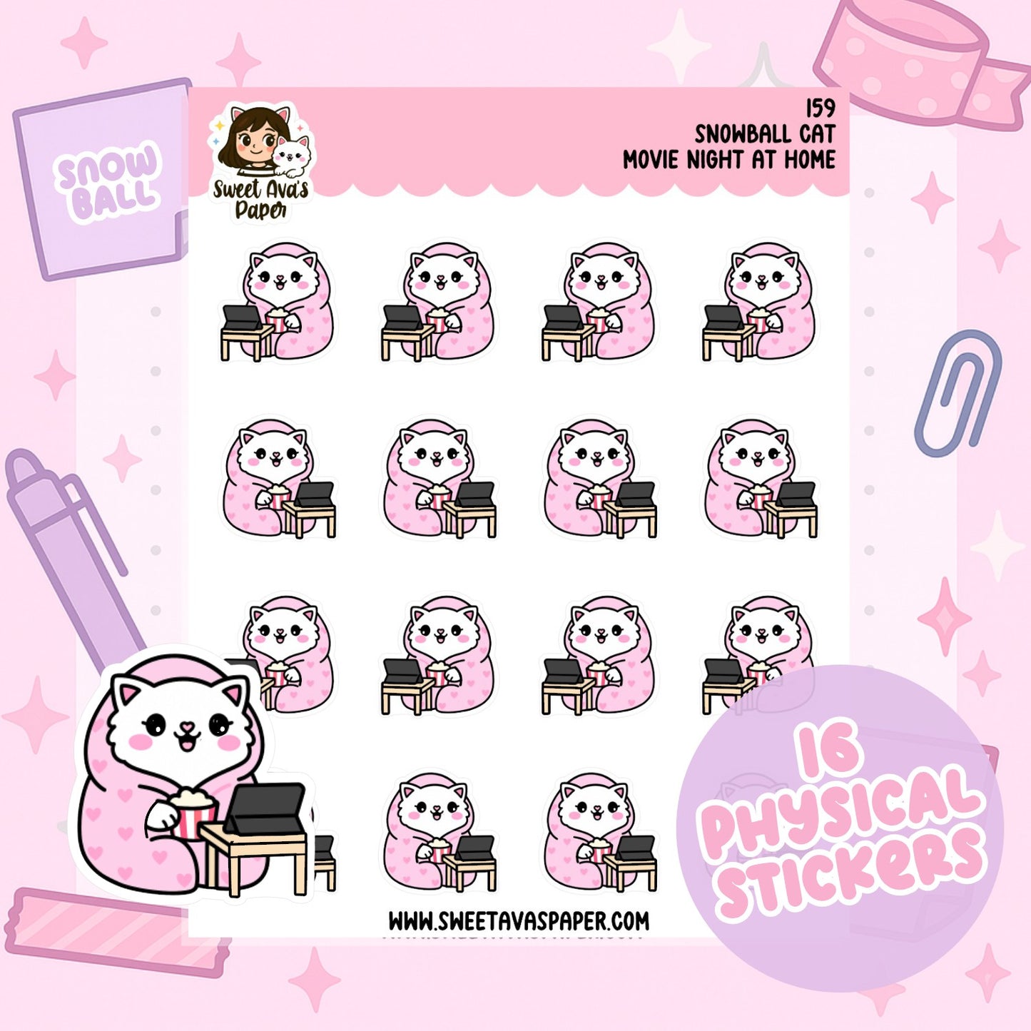 Movie Night - Snowball the Cat Planner Stickers  [159]