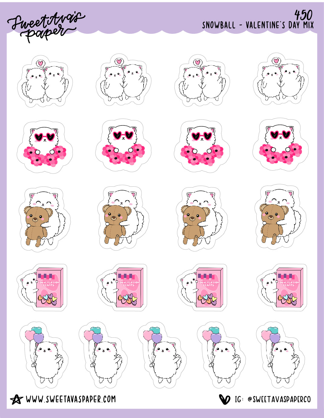 Valentine's Day Mix Planner Stickers - Snowball The Cat - [450]