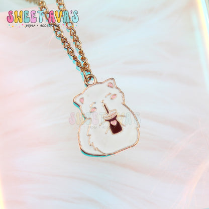 Snowball the Cat Drinking Iced Coffee Necklace