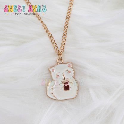 Snowball the Cat Drinking Iced Coffee Necklace