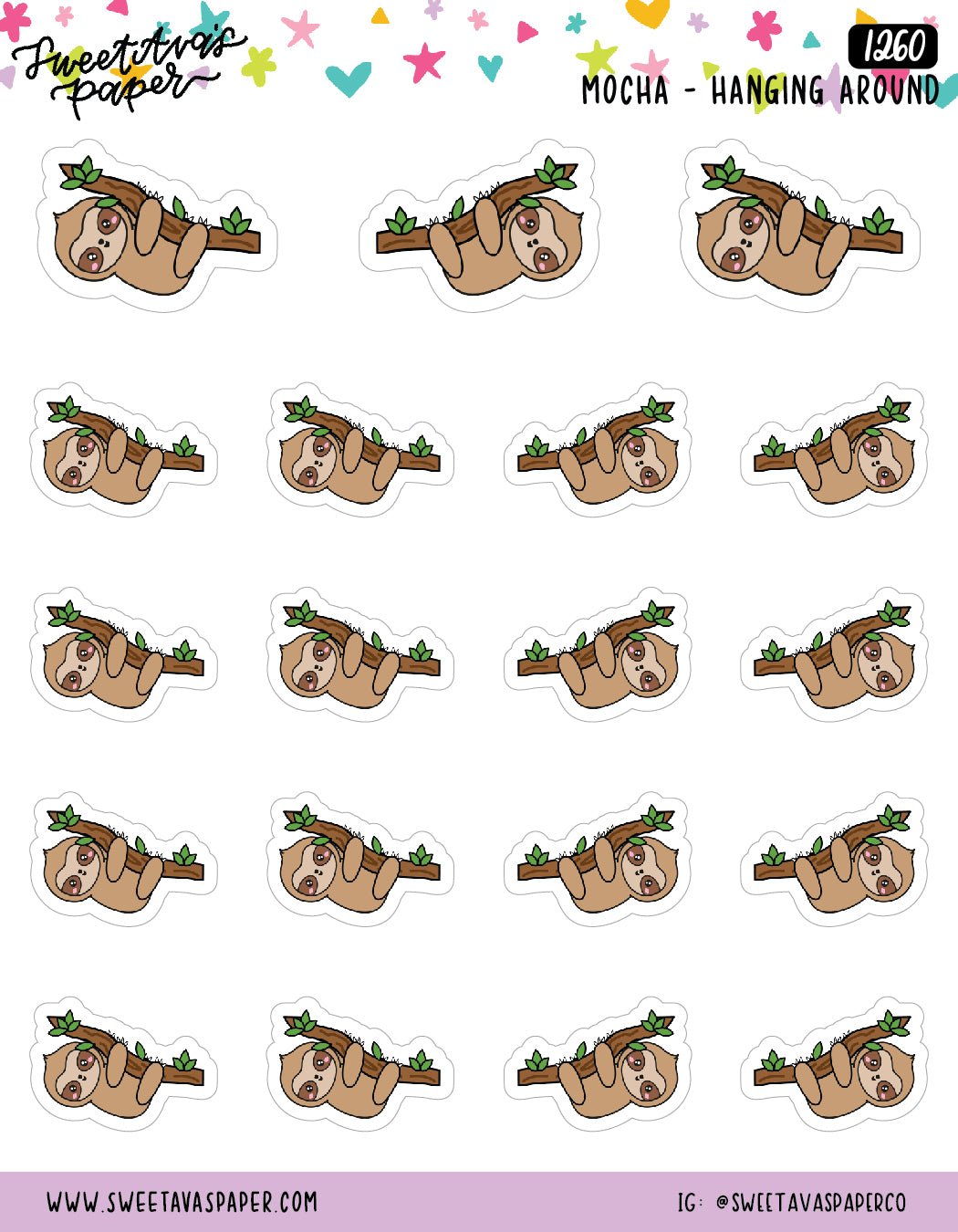 Hanging Out Planner Stickers - Mocha The Sloth - [1260] – Sweet Ava’s Paper