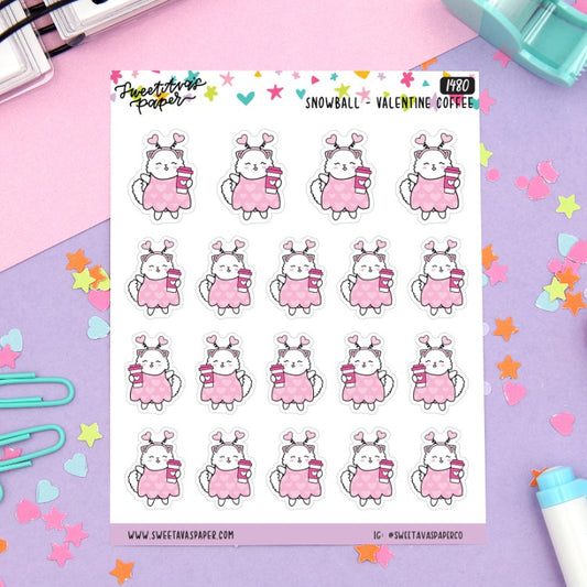 Valentine's Coffee Planner Stickers - Snowball the Cat [1480]