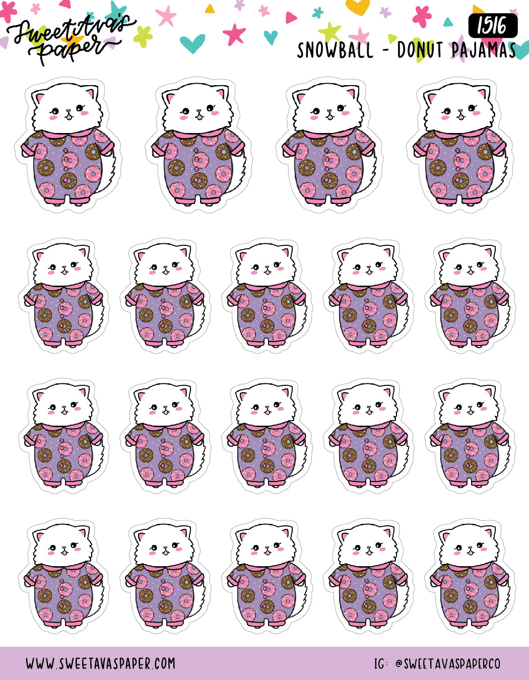 Doughnut Pajamas Planner Stickers - Snowball The Cat [1516]