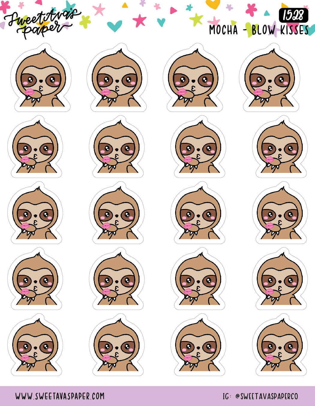 Blowing Kisses Planner Stickers - Mocha The Sloth [1528]