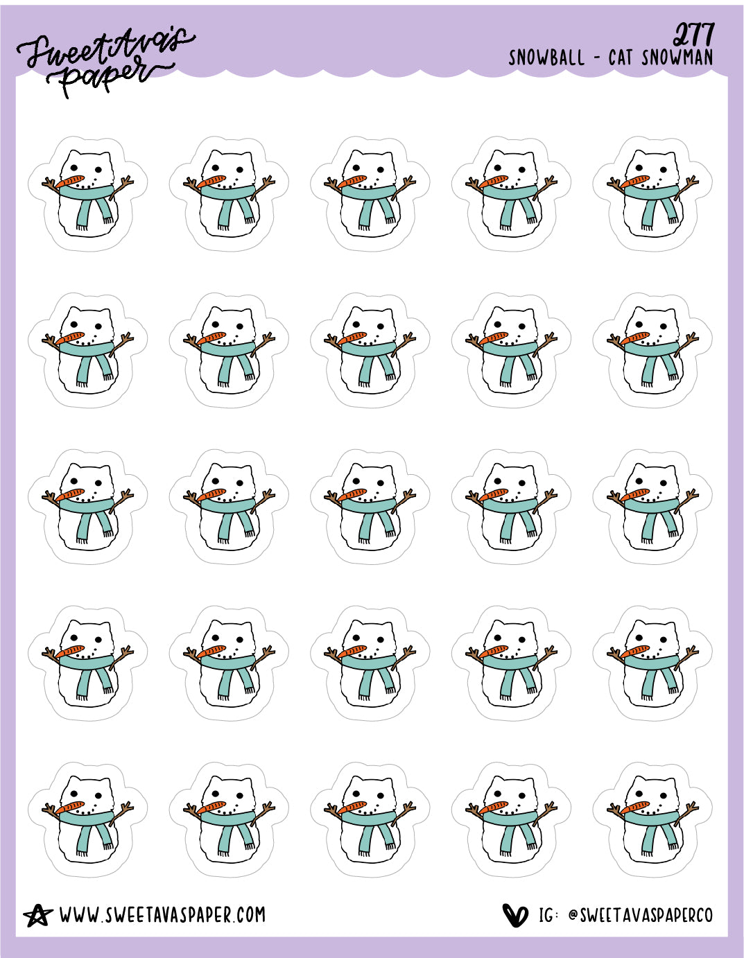 Snowman Kitty Stickers - Snowball The Cat - [277] – Sweet Ava’s Paper