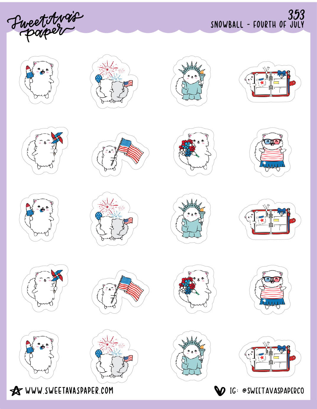 ICON SIZE - Fourth Of July Planner Stickers - Snowball The Cat - [353]