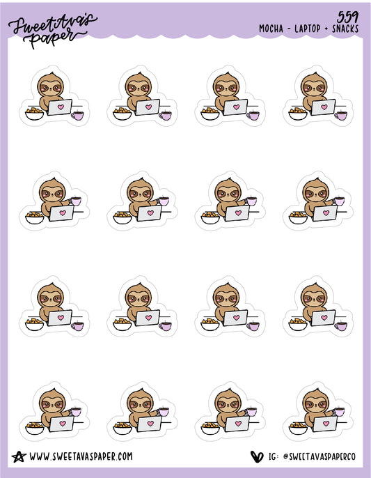 Laptop & Snacks Planner Stickers - Mocha The Sloth [559]