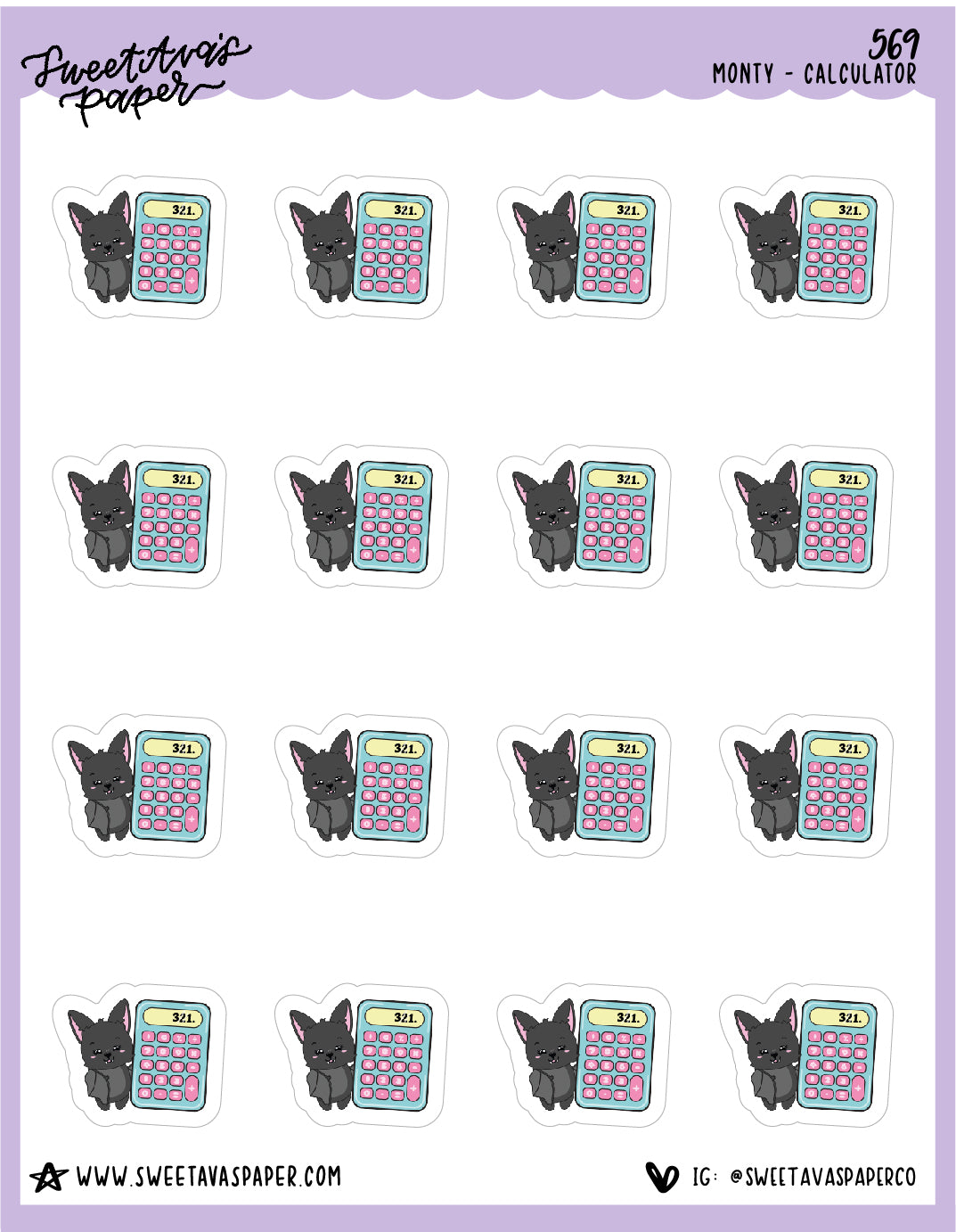 Calculator Planner Stickers - Monty The Bat - [569]