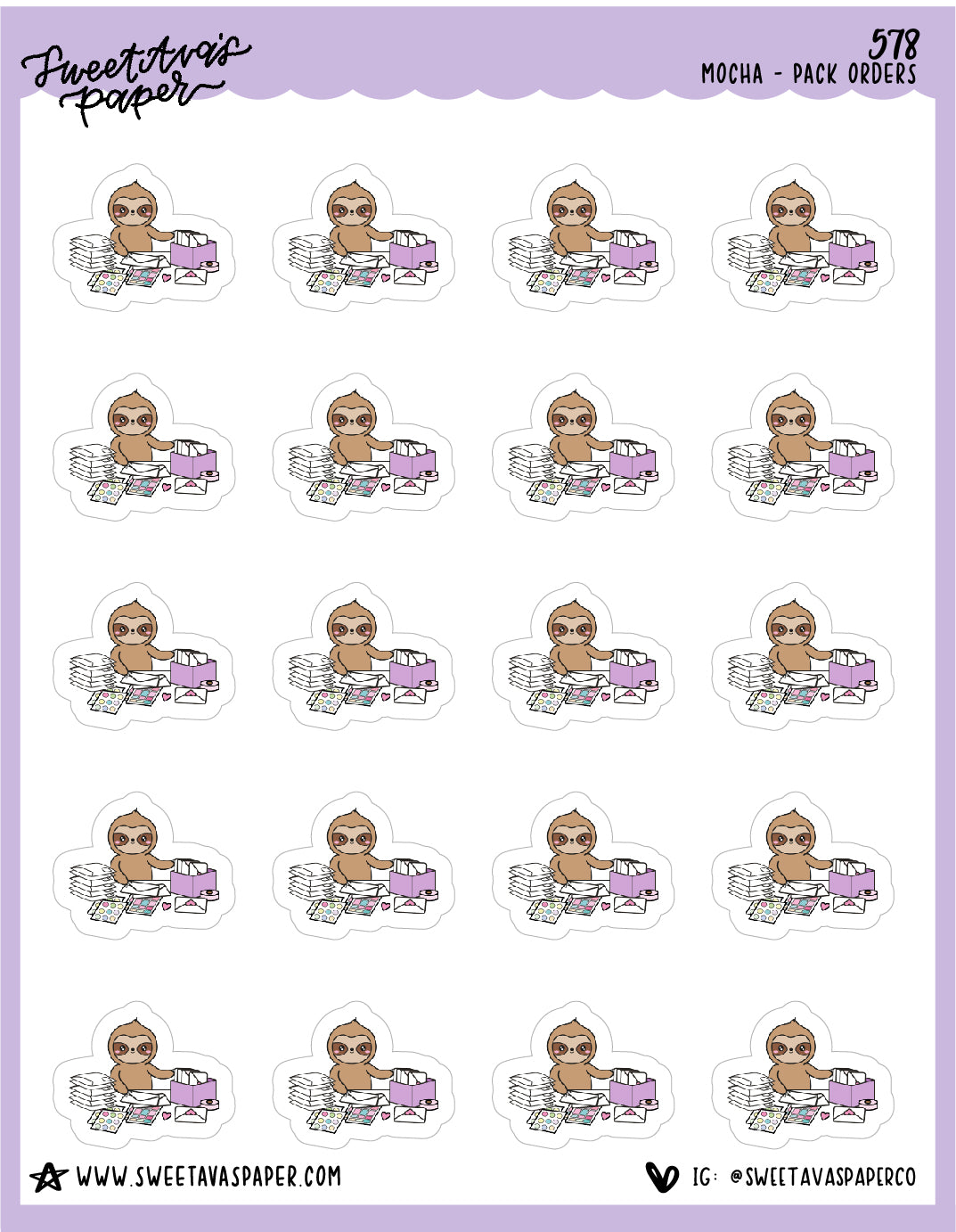 Pack Orders Planner Stickers - Mocha The Sloth [578]