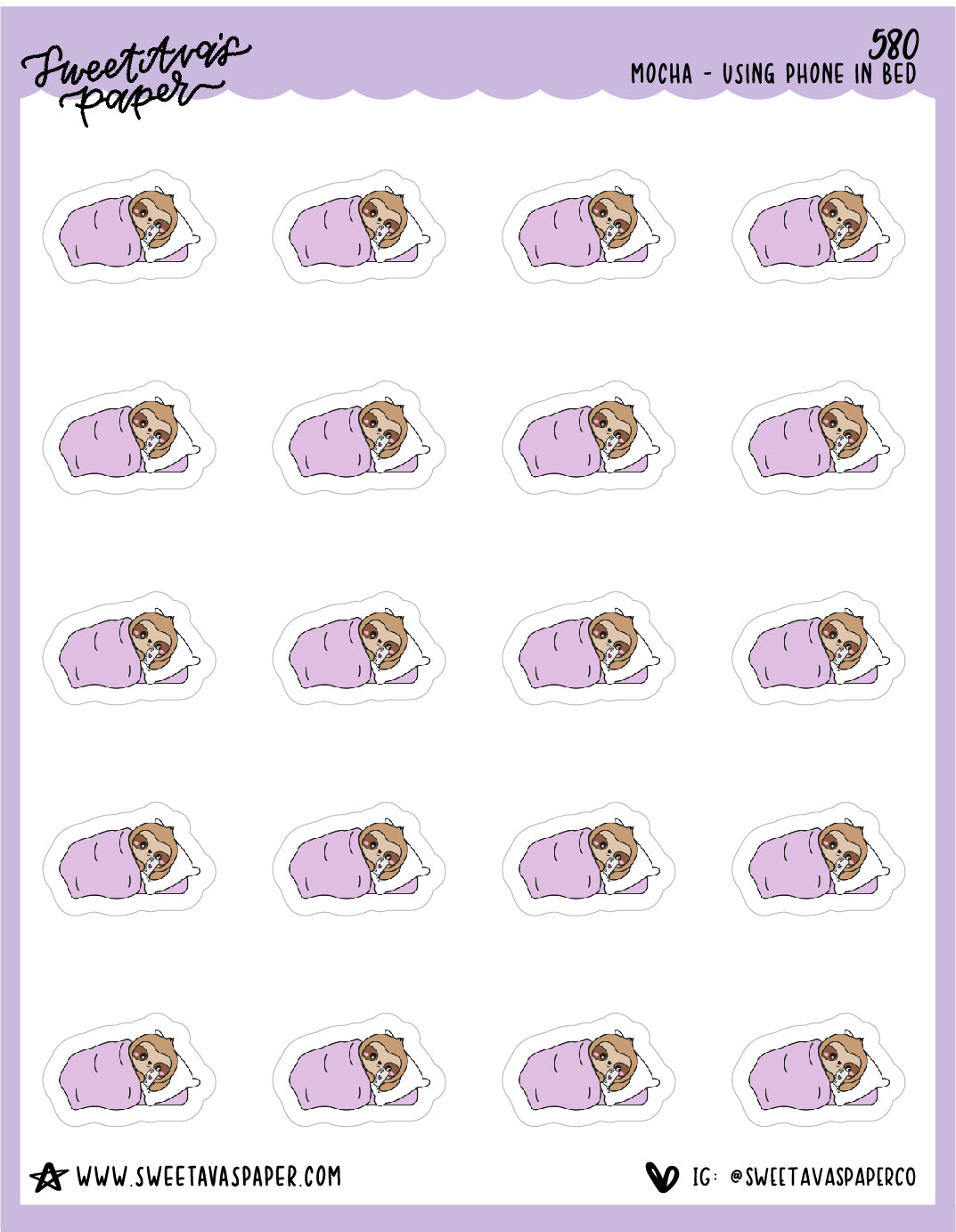 Cell Phone In Bed Planner Stickers - Mocha The Sloth [580]