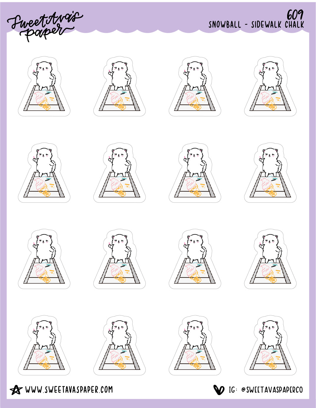 Sidewalk Chalk Ice Cream Planner Stickers - Snowball The Cat - [609]