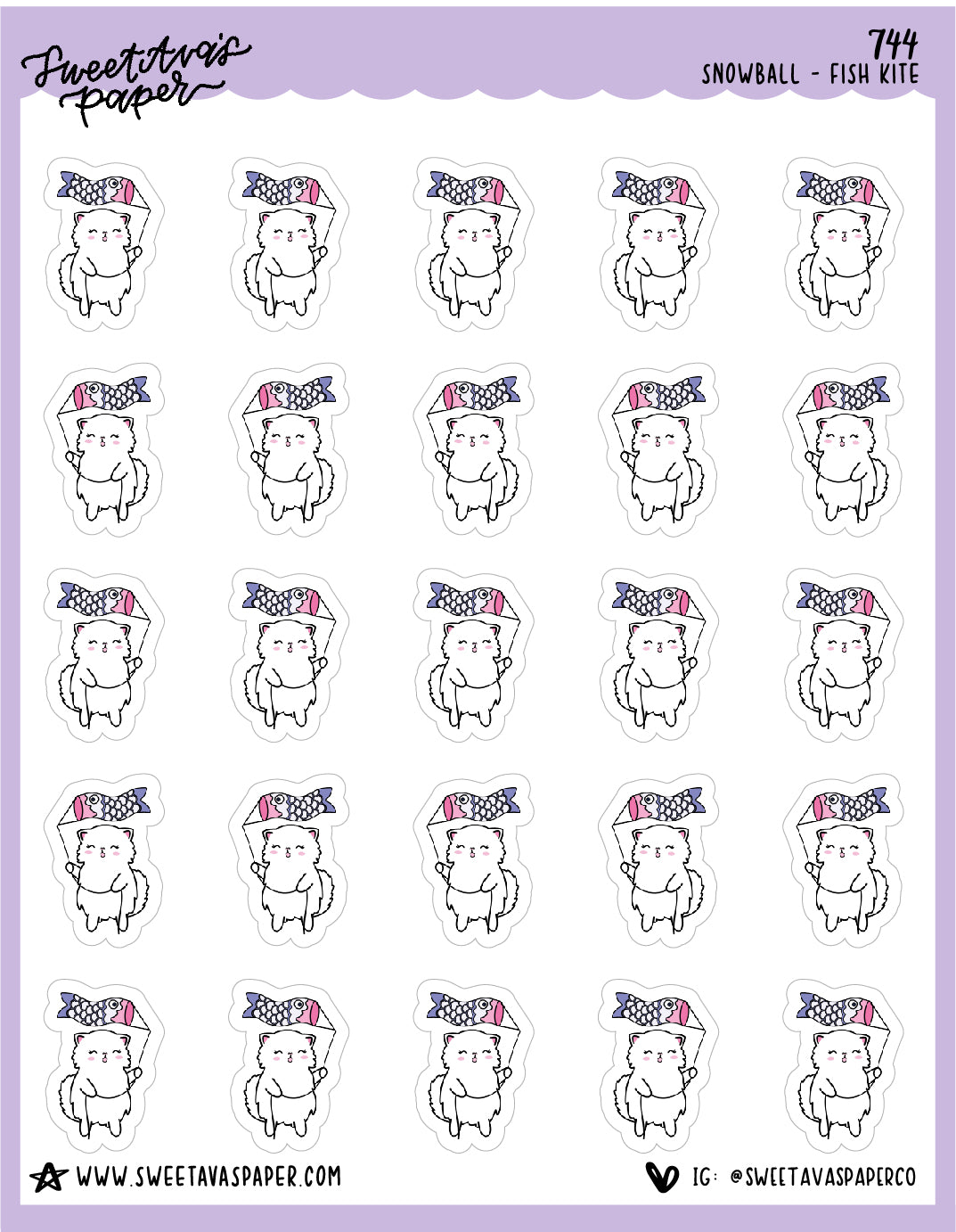 ICON SIZE - Fish Kite Planner Stickers - Snowball The Cat - [744]