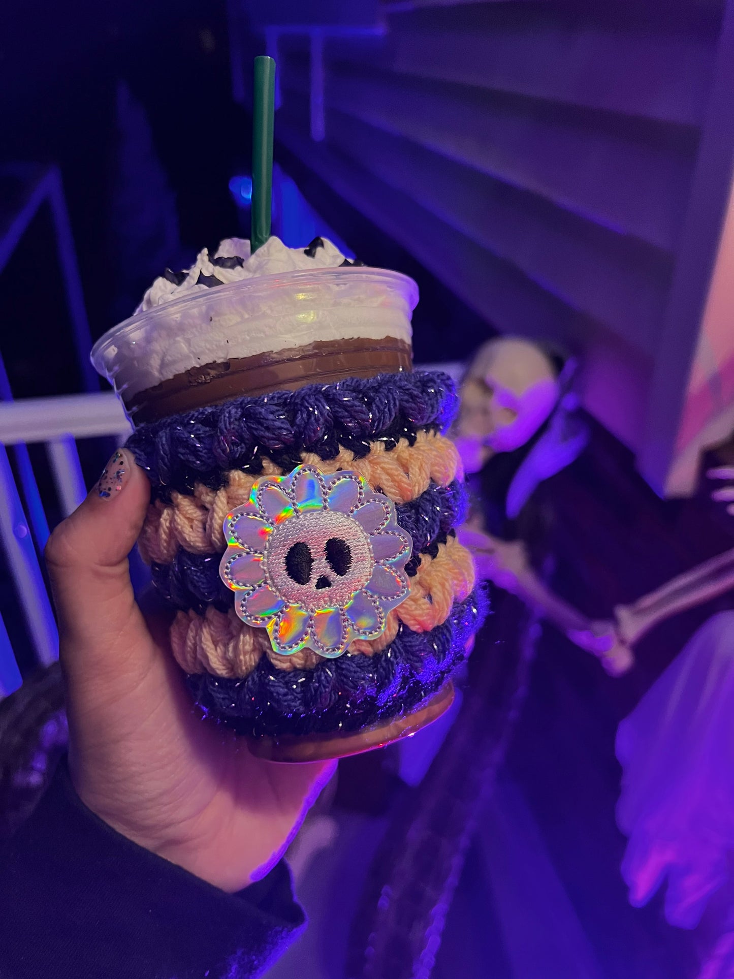 Holographic Skull Flower Crochet Cup Cozie Sleeve