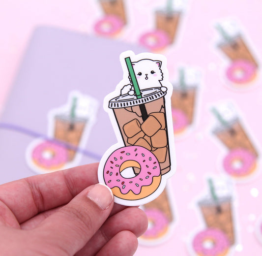 Cold Brew Coffee With Donut Cat Vinyl Die Cut Sticker