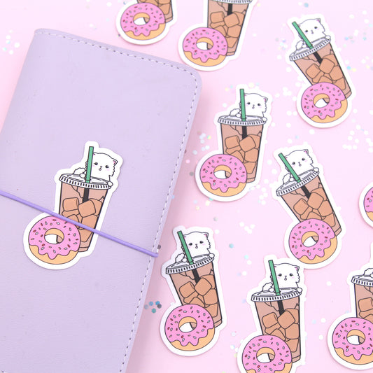 Cold Brew Coffee With Donut Cat Vinyl Die Cut Sticker