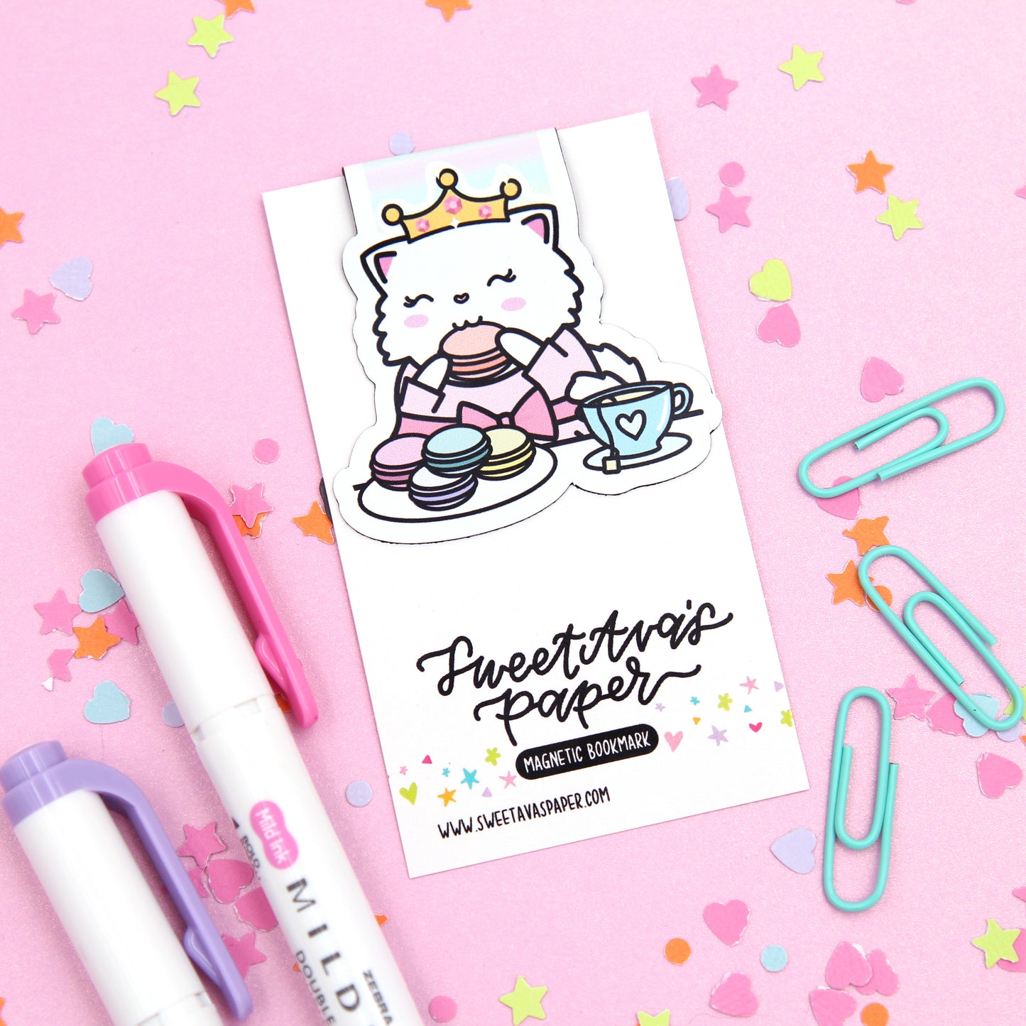 Macaron Fancy Tea Party Magnetic Bookmark - Snowball the Cat