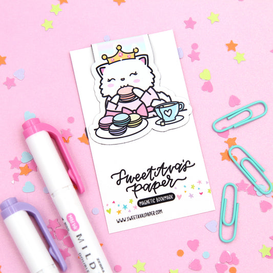 Macaron Fancy Tea Party Magnetic Bookmark - Snowball the Cat