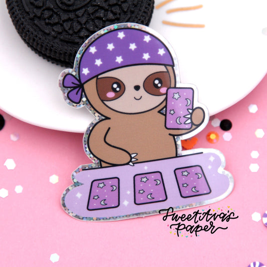 Tarot Card Reading Glitter Vinyl Die Cut Sticker - Mocha The Sloth