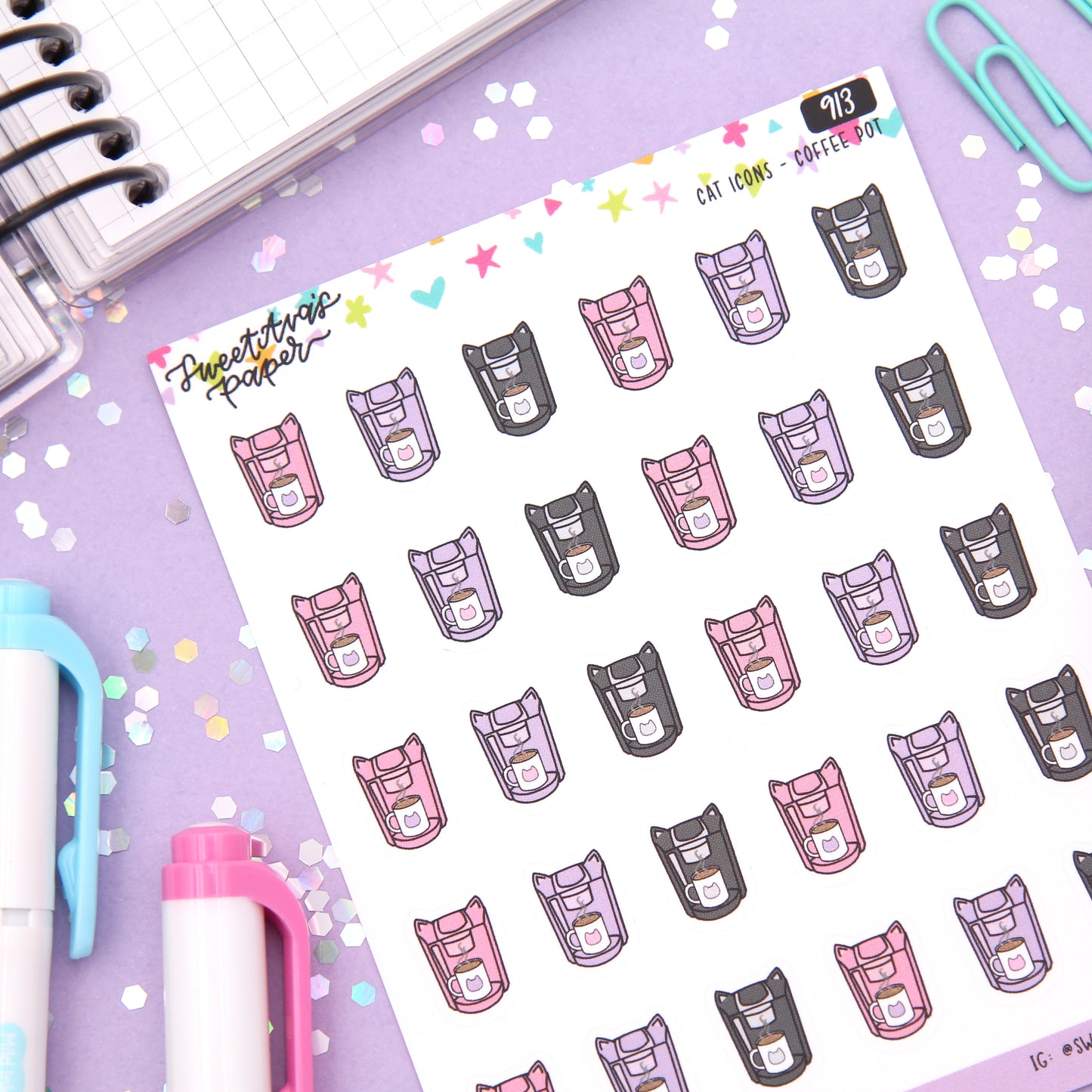 Cat Shaped Single Serve Coffee Machine Planner Stickers - Cat Shaped Icons - [913]