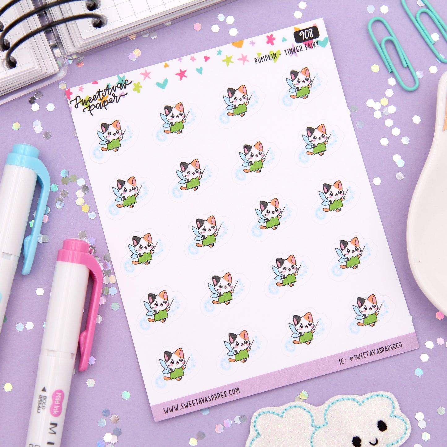 Pixie Dust Fairy Planner Stickers - Pumpkin The Calico Cat - [908]
