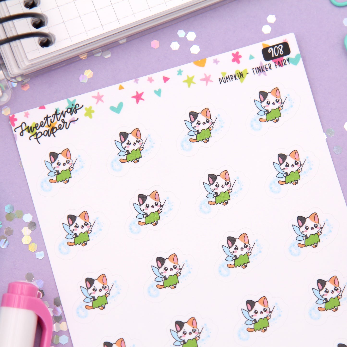 Pixie Dust Fairy Planner Stickers - Pumpkin The Calico Cat - [908]