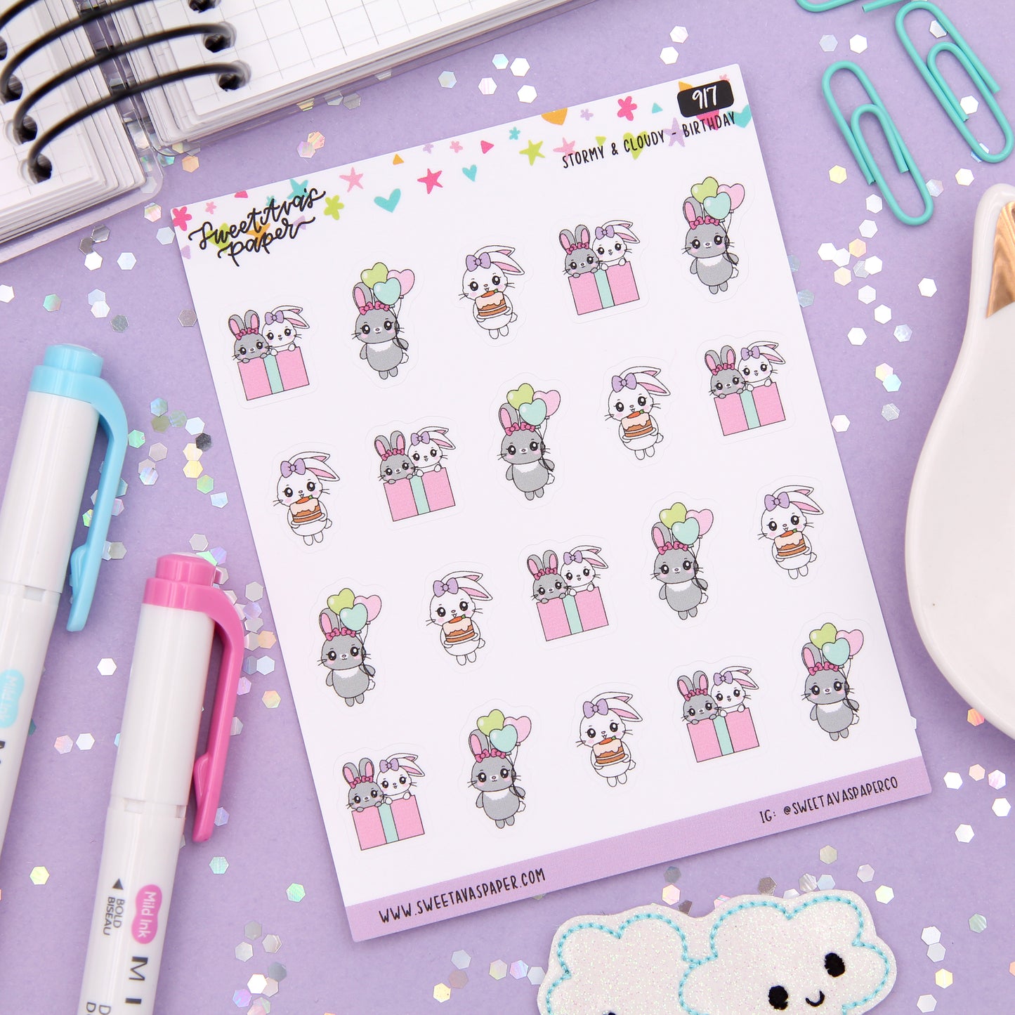 Birthday Party Planner Stickers - Stormy & Cloudy Bunnies  - [917]