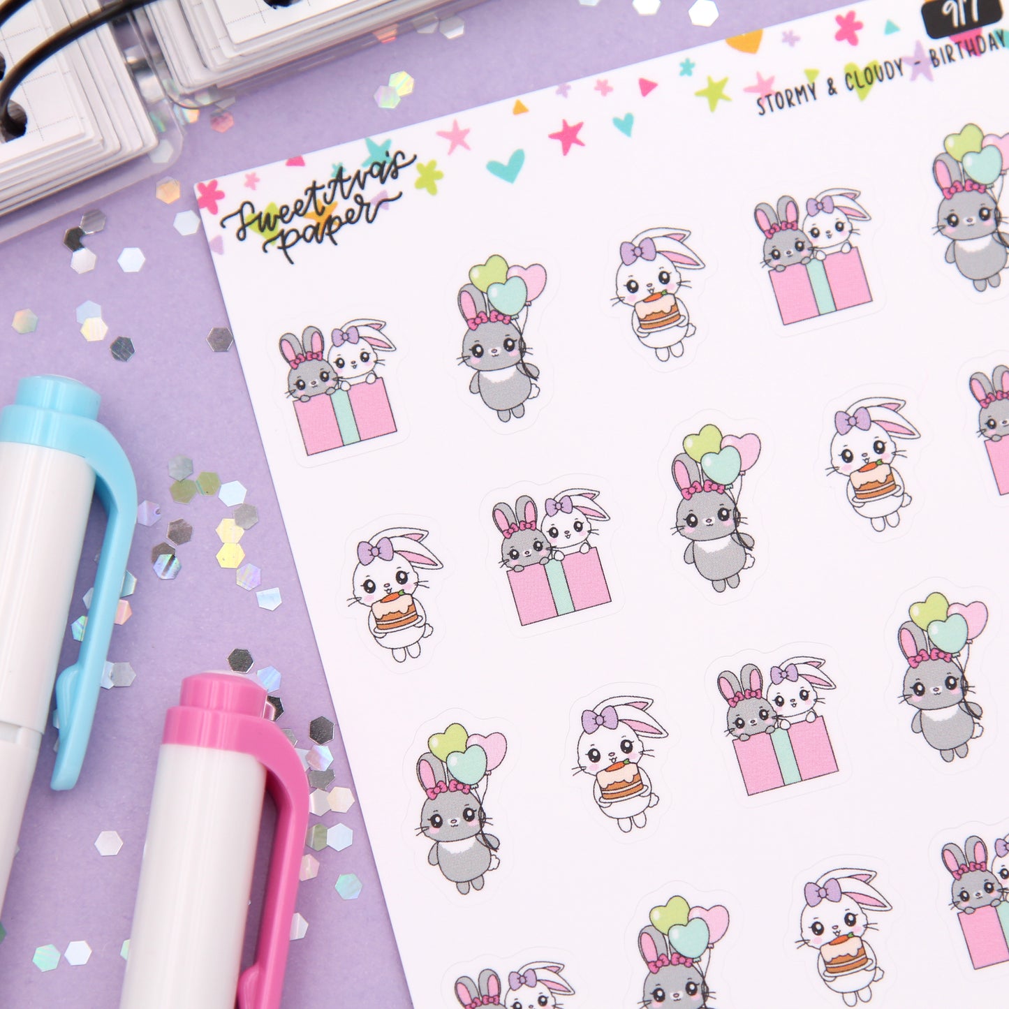 Birthday Party Planner Stickers - Stormy & Cloudy Bunnies  - [917]