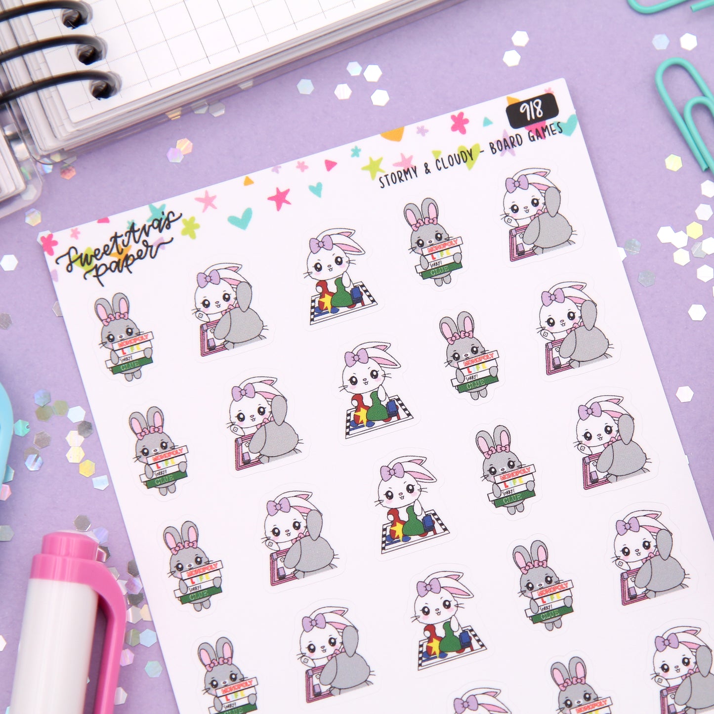 Board Games Planner Stickers - Stormy & Cloudy Bunnies  - [918]
