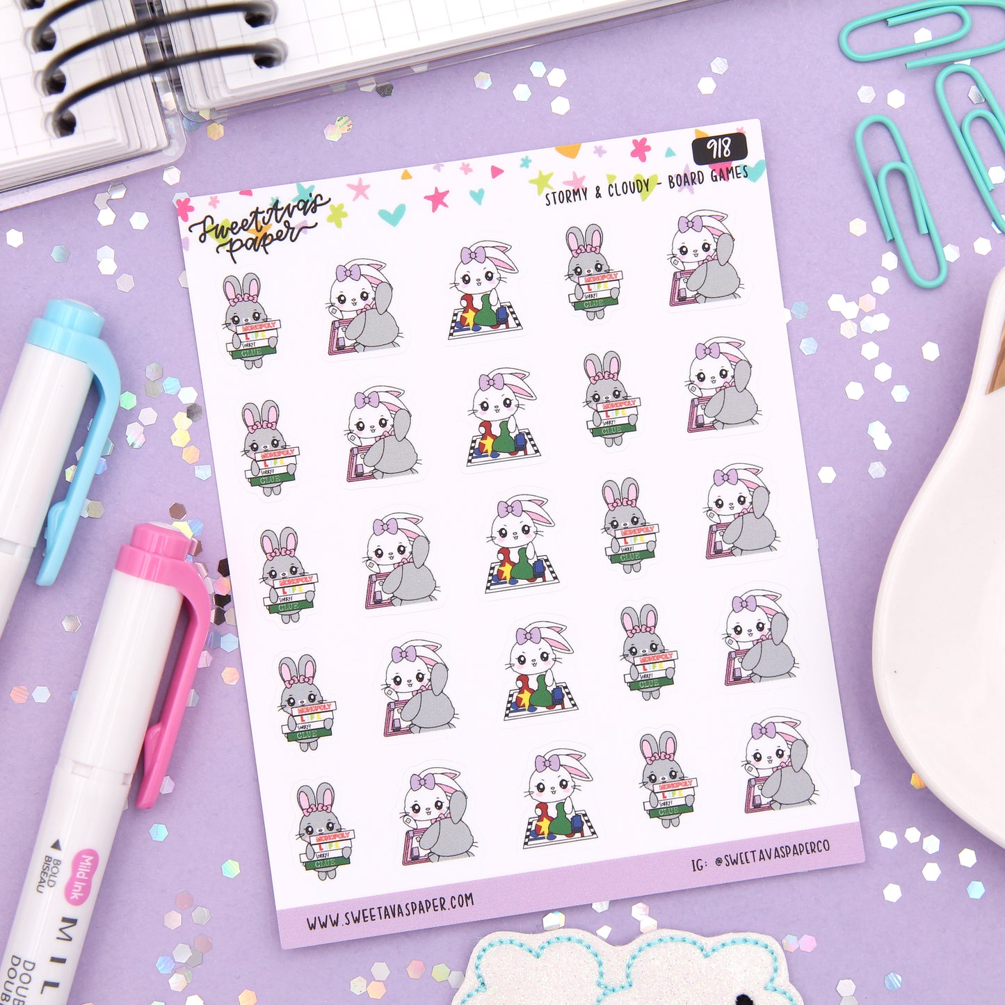 Board Games Planner Stickers - Stormy & Cloudy Bunnies  - [918]