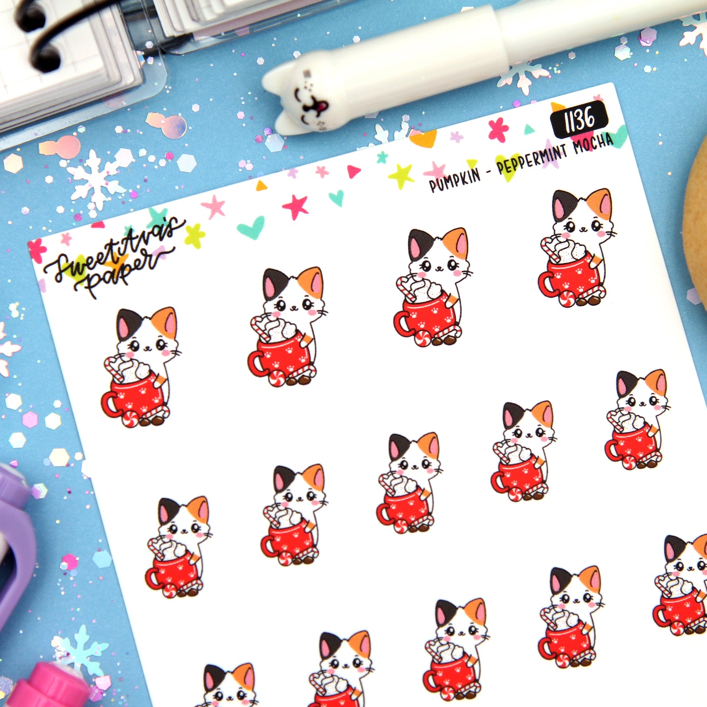 Holiday Peppermint Mocha Drink Planner Stickers - Pumpkin The Cat - [1136]