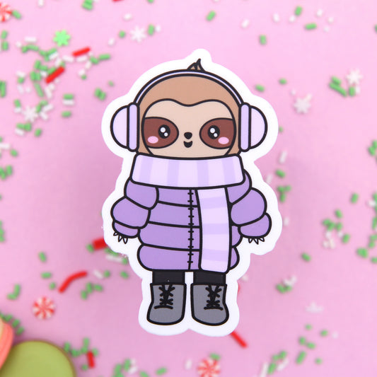 All Bundled Up Vinyl Die Cut Sticker - Mocha The Sloth - Planning Vinyl Die Cut Sticker