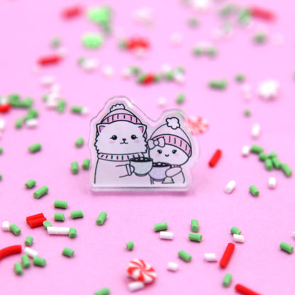 Sharing Hot Cocoa Acrylic Pin - Snowball The Cat & Dottie