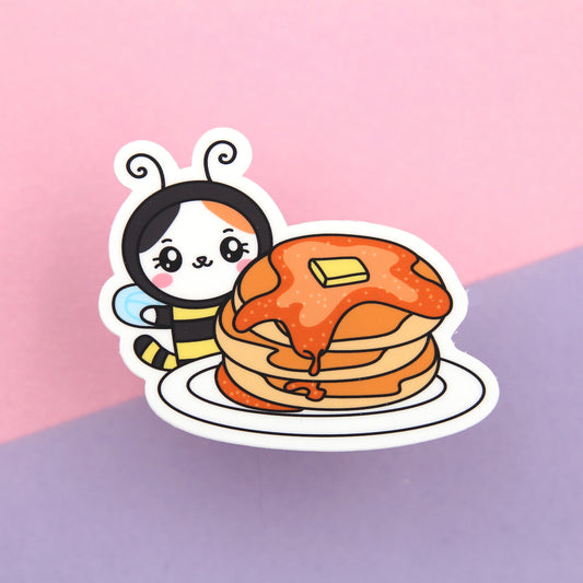 Bee with Pancakes Vinyl Die Cut Sticker - Pumpkin the Cat - Planning Vinyl Die Cut Sticker