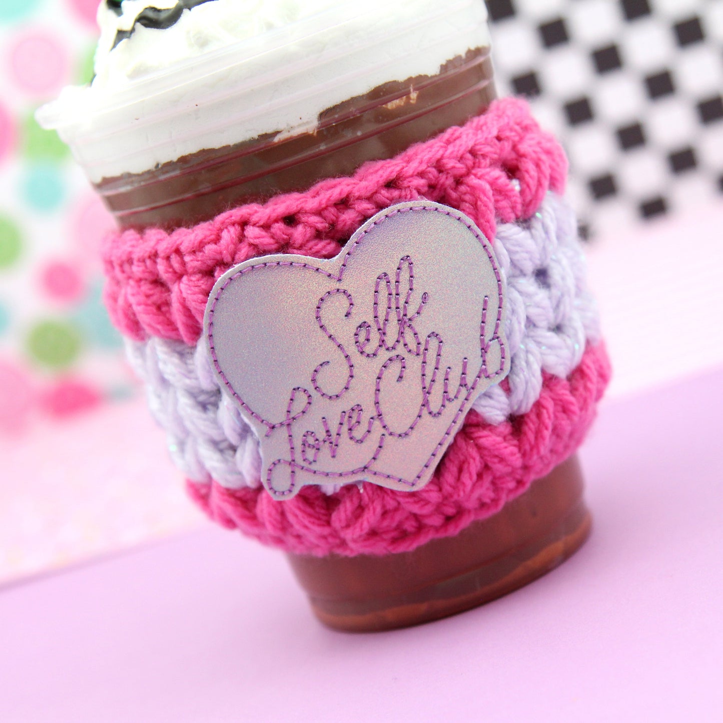 Self Love Club Pink & Purple Crochet Cup Cozie Sleeve
