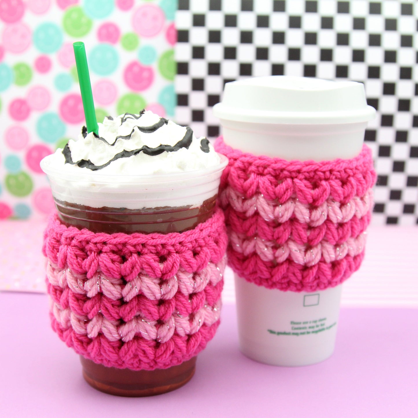 Fueled By Caffiene & Chaos Pink Crochet Cup Cozie Sleeve