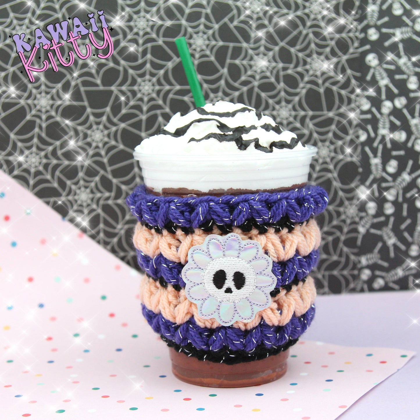 Holographic Skull Flower Crochet Cup Cozie Sleeve