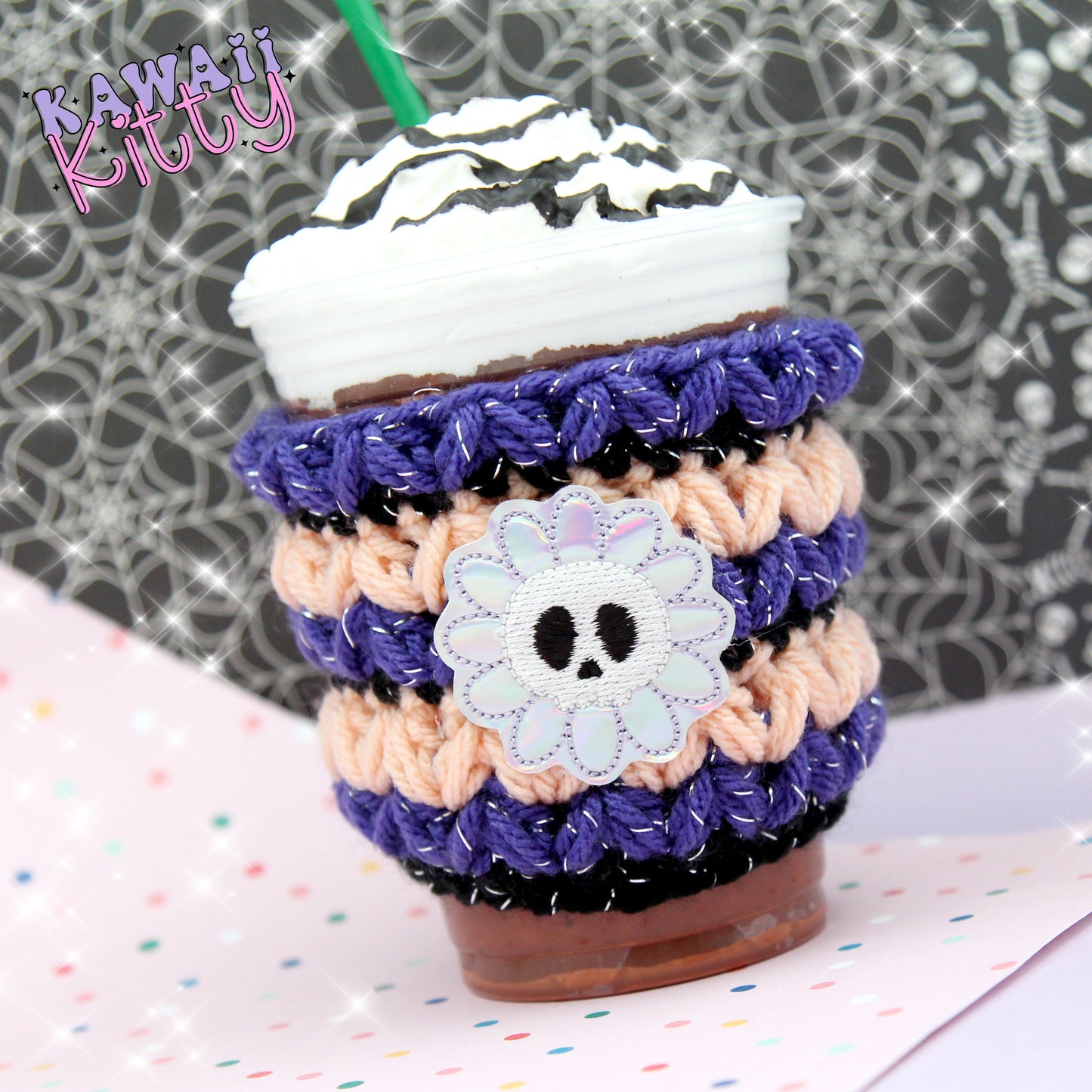 Holographic Skull Flower Crochet Cup Cozie Sleeve