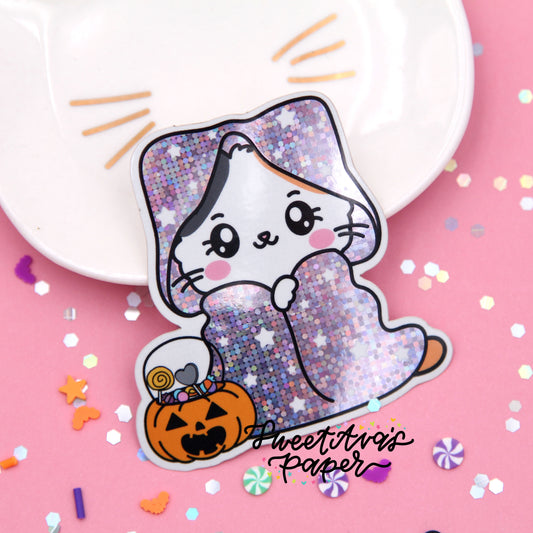Trick or Treat Snuggle Glitter Vinyl Die Cut Sticker - Pumpkin The Calico